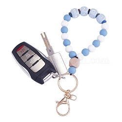 Schlüsselanhänger aus Silikon mit runden Perlen, Brief Liebe natürliche Lavagestein Perlen Schlüsselanhänger, mit Verschlüssebundverschlüssen aus Legierung, hellstahlblau, 20.08 cm