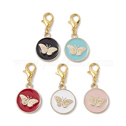 Alloy Enamel Pendant Decorations, with Zinc Alloy Lobster Claw Clasps, Flat Round with Butterfly, Mixed Color, 31mm