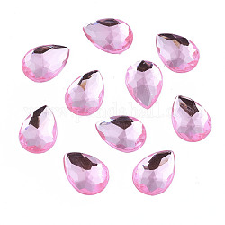 Acryl Strass Cabochons flach zurück, facettiert, Boden versilbert, Tropfen, Perle rosa, 14x10x3.5 mm