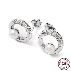 Anello con zirconi cubici e orecchini a bottone con perle naturali, 925 orecchini in argento sterling rodiato da donna, platino, 11mm