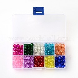 Perles en verre craquelés transparente peint à la bombe, ronde, couleur mixte, 8mm, Trou: 1.3mm, environ 20 pièces/compartiment, environ 200 pcs / boîte