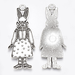 Tibetische Legierung Bunny Anhänger Emaille Fassungen, cadmiumfrei und bleifrei, Kaninchen mit Kleid, Antik Silber Farbe, 50x19.5x1.5 mm, Bohrung: 2.5 mm, ca. 260 Stk. / 1000 g