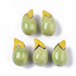 Handmade Porcelain Beads, Famille Rose Style, Eggplant, Yellow Green, 19.5~20.5x10.5~11.5mm, Hole: 1.6~2mm