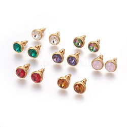 304 Stainless Steel Ear Studs, with Cubic Zirconia, Ion Plating (IP), Flat Round, Golden, Mixed Color, 10x17mm, Pin: 0.7mm