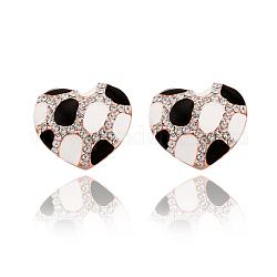 Heart Tin Alloy Enamel Czech Rhinestone Stud Earrings, White & Black, Rose Gold, 20x18mm