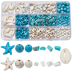 Sunnyclue DIY Beads Finding Kit zur Schmuckherstellung, einschließlich synthetischem Magnesit, Howlith, Türkis und natürlichen Kaurimuschelperlen, Chips & rund & Seestern, Mischfarbe