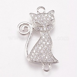 Brass Micro Pave Cubic Alloy Kitten Links connectors, Cat Silhouette Shape, Clear, Platinum, 23x13x2mm, Hole: 1mm