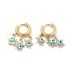 Enamel Star with Evil Eye Dangle Hoop Earrings, Gold Plated 304 Stainless Steel Jewelry for Women, Light Sky Blue, 23.5mm, Pin: 1mm