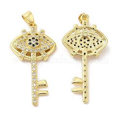 Brass Micro Pave Cubic Zirconia Pendants, Lead Free & Cadmium Free, Skeleton Key with Eye Charms, Real 18K Gold Plated, 36x18x4.5mm, Hole: 5.7x2.6mm
