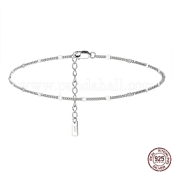 Rhodium Plated 925 Sterling Silver Curb Chain Anklet with Rectangle Charm, Women's Jewelry for Summer Beach, with S925 Stamp, Real Platinum Plated, 8-7/8 inch(22.5cm)