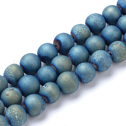 Chapelets de perles en agate de géode naturelle druzy électrolytique, Style mat, ronde, vert plaqué, 8~9mm, Trou: 1mm, Environ 46 pcs/chapelet, 15.3 pouce