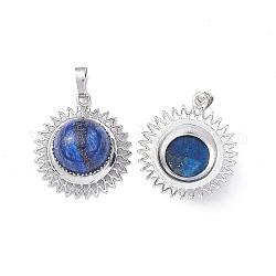 Pendentifs en lapis lazuli naturel, breloques de soleil, avec les accessoires en laiton de tonalité de platine, demi-rond, 31x27.5x12mm, Trou: 7x5mm