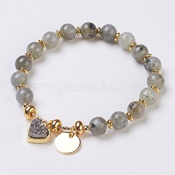 Perles naturelles labradorite étirent bracelets, avec druzy naturel électrolytique et accessoires en laiton, cœur et plat rond, 2-1/8 pouce (5.5 cm), breloques: 12~13x12x1~7mm