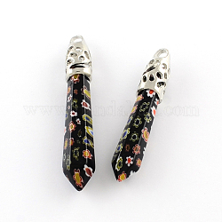 Millefiori Glass Big Pendants with Alloy Findings, Black, 60~70x11x11mm, Hole: 4mm