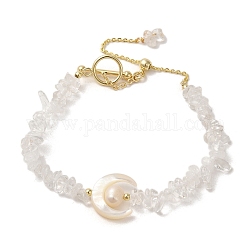 Bracelets en perles de cristal de quartz naturel, croissant de lune, coquillages et perles, avec fermoirs en laiton, véritable 14k plaqué or, 7-1/8 pouce (18 cm)