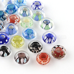 Handmade Inner Flower Lampwork Beads, Large Hole Rondelle Beads, Mixed Color, 14~15x6~7mm, Hole: 6mm