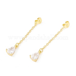 Rack Plating Brass Micro Pave Clear Cubic Zirconia Friction Ear Nut, Teardrop with Long Chains Tassel, Cadmium Free & Lead Free, Real 18K Gold Plated, 37mm, Hole: 0.8mm