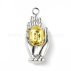 Due pendenti della lega di tono,  cadmio& piombo libero, mano con il fascino della testa di buddha, di platino e d'oro, 37x16x9mm, Foro: 3 mm