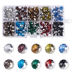 Spritewelry 300Pcs 10 Colors Electroplate Transparent Glass Beads, Half Silver Plated, Faceted, Rondelle, Mixed Color, 8x6mm, Hole: 1mm, 30pcs/color