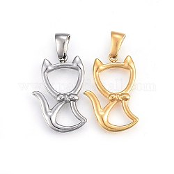 304 Stainless Steel Hollow Kitten Pendants, Cat with Bowknot Shape Shape, Mixed Color, 22x15x3mm, Hole: 6x3mm