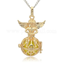 Golden Tone Brass Hollow Round Cage Pendants, with No Hole Spray Painted Brass Round Ball Beads, Round with Angel, Champagne Yellow, 43x28x20mm, Hole: 3x8mm