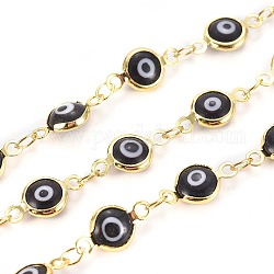 Handmade Evil Eye Lampwork Link Chains, Soldered, with Brass Findings, with Spool, Long-Lasting Plated, Flat Round, Golden, Black, 13x7x2.5mm, Hole: 1.5mm, about 32.8 Feet(10m)/roll