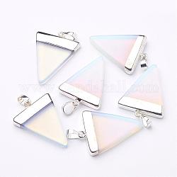 Triangle Shaped Opalite Pendants, with Silver Color Plated Brass Findings, 32~35x22~25x6mm, Hole: 5x8mm