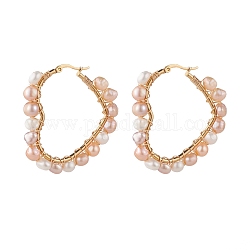 Pendientes de aro grandes con corazón envuelto en alambre de perla natural para mujer, dorado, color de concha, 46x44.5x6.5mm, pin: 0.7 mm