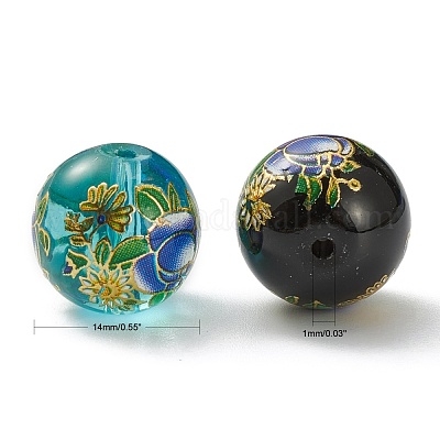 Blume gemalt Perlen handgemachte lampwork Runde&nbsp;LAMP-I008-03-1