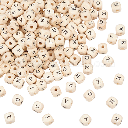 OLYCRAFT 200PCS 12mm Alphabet Wooden Beads Natural Square Wooden Beads Wooden Large Hole Beads with Initial Letter for Jewelry Making and DIY Crafts WOOD-OC0001-42A-1