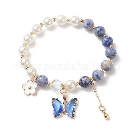 Bracelet extensible rond en perles de jaspe bleu naturel et de coquillages BJEW-TA00191-01-1