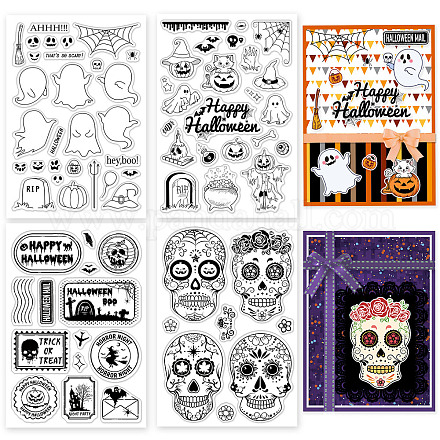 GLOBLELAND 4Pcs Halloween Clear Stamp Ghosts Silicone Clear Stamp Skeletons Scarecrow Pumpkins Rubber Stamps for Scrapbook Journal Card Making 4.3 x 6.3 Inch DIY-GL0004-01C-1