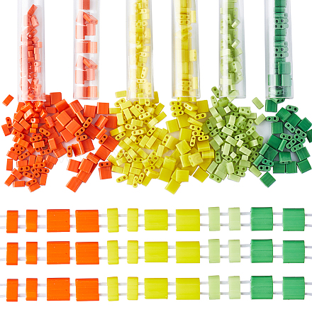 CREATCABIN 600Pcs 2 Hole Half Tila Beads 6 Styles Mix Glass Seed Beads Rectangle Mini Opaque Flat Square with Plastic Container for Craft Bracelet Necklace Earring Jewelry Making Orange Yellow Green SEED-CN0001-17-1
