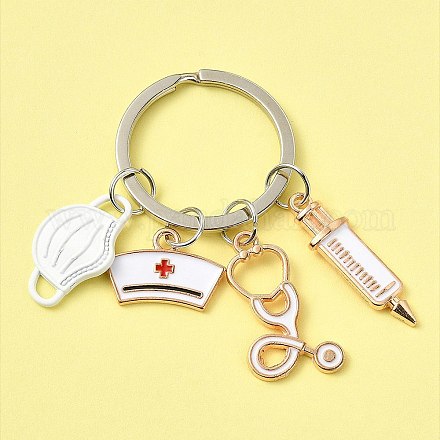 Masque et capuchon d'infirmière et seringue d'injection et stéthoscope porte-clés pendentif en émail KEYC-YW0001-09A-1