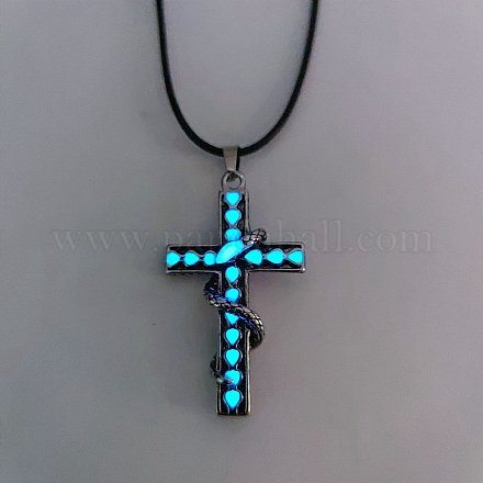 Croce luminosa che si illumina al buio in lega con collana pendente serpente con cordino in pelle LUMI-PW0006-62-1