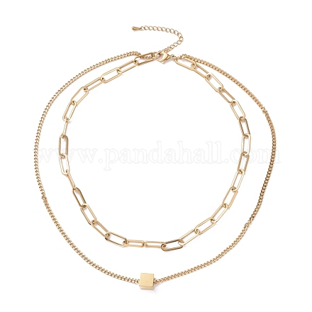 Vacuum Plating 304 Stainless Steel Double Chains Multi Layered Necklace with Cube Beaded for Women STAS-E155-10G-1