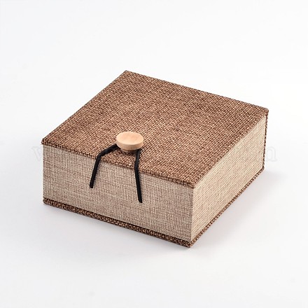 長方形の木製ブレスレットボックス  黄麻布とベルベットと  キャメル  10.4x10x5.2cm X-OBOX-N013-01-1