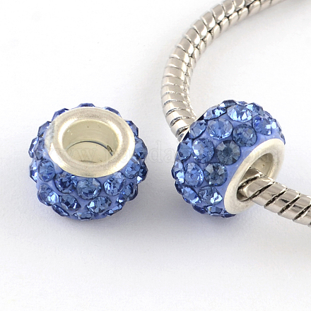Polymer Clay Rhinestone European Large Hole Beads with Silver Color Plated Brass Cores FPDL-R002-08-1