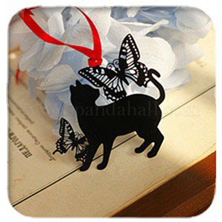 Metal Cat Bookmarks with Red Knotting Ribbon OFST-PW0006-52A-1