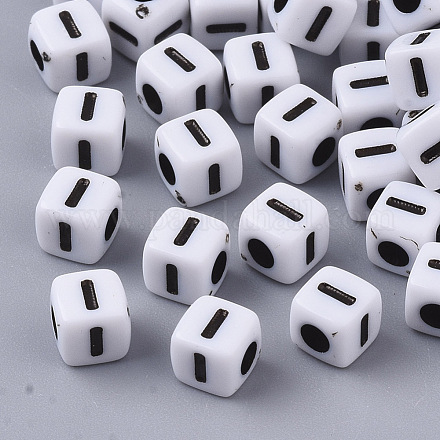 白い不透明なアクリルビーズ  水平穴  黒いアルファベットのキューブ  文字.i  4~5x4~5x4~5mm  穴：1.8mm  約6470~6500個/500g MACR-R869-02I-1