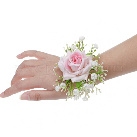 絹布模造バラ手首コサージュ  花嫁またはブライドメイドのための手の花  結婚式  パーティーの装飾  パールピンク  100x90mm HULI-PW0001-06B-1