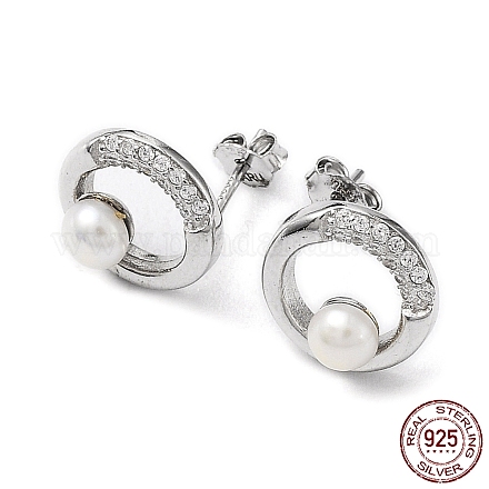 Cubic Zirconia Ring with Natural Pearl Stud Earrings EJEW-F318-18P-1