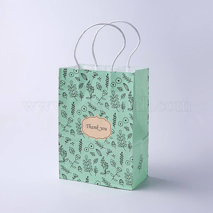 クラフト紙袋  ハンドル付き  ギフトバッグ  ショッピングバッグ  長方形  花柄  グリーン  21x15x8cm CARB-E002-S-S03-1