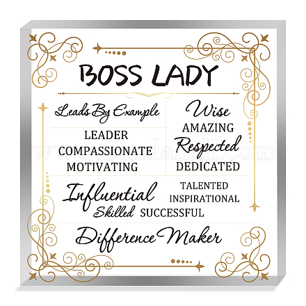 CREATCABIN Boss Lady Acrylic Inspirational Quotes Gifts Office Desk Decor Square Boss Appreciation Keepsake Paperweight for Women Friends Boss Mother Birthday 4 x 4 Inch AJEW-CN0001-36C-1