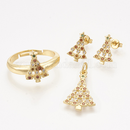 Ciondoli in ottone con zirconi cubici e orecchini a bottone e anelli regolabili set di gioielli SJEW-S043-05-1