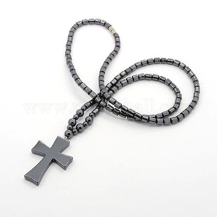 Trendy Unisex Holly Jewelry Grade A Non-Magnetic Synthetic Hematite Beaded Cross Pendant Necklaces NJEW-M013-04-1