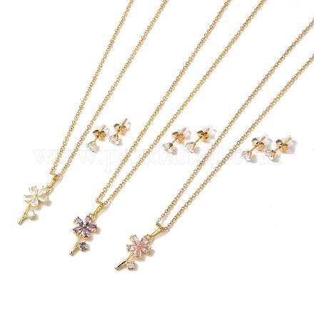 Cubic Zirconia Flower of Life Pendant Necklace & Diamond Stud Earrings SJEW-M099-01G-1