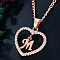 Alloy Crystal Rhinestone Heart with Initial Pendant Necklaces, Rose Gold, Letter M, 16.93 inch(43cm)