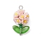 Glass Seed Beaded Flower Pendants, with Resin & Brass Finding, Pink, 25x14x13mm, Hole: 3x2.5mm