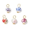 Handmade Flower Printed Porcelain Ceramic Pendants, with Iron and Alloy Findings, Round, Golden, 17.5x10.5mm, Hole: 4mm
